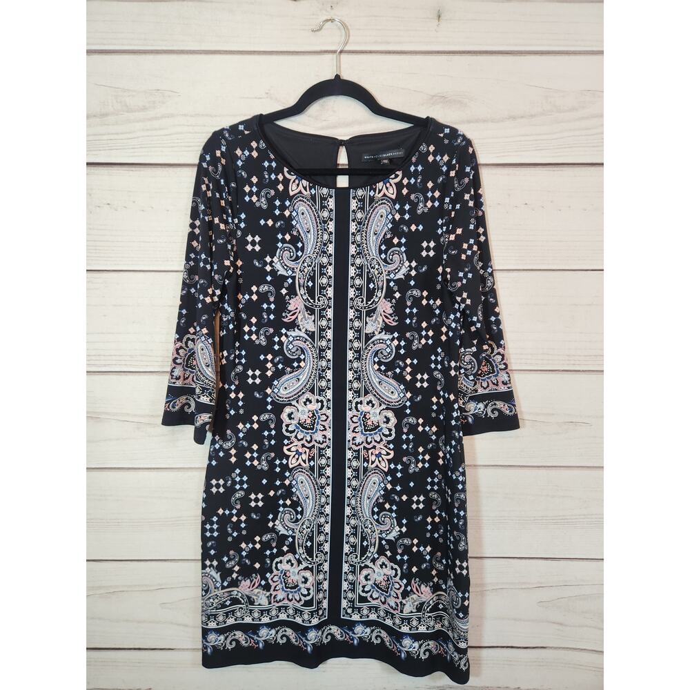 White House Black Market Black Paisley‎ 3/4 Sleeve Sheath Midi Dress Sz Medium